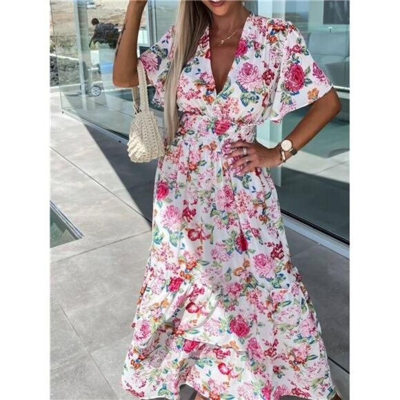Floral Print Flutter Sleeve Maxi Dress - Picture 4 of 5